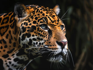 Fototapeta premium Intense gaze of a jaguar against a backdrop of dense jungle.