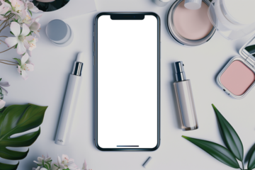 various cosmetics next to mobile phone mockup (5)