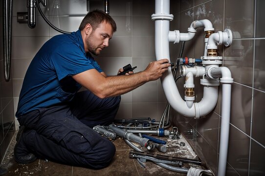 Plumber Fixing Pipe In Bathroom Plumbing Maintenance