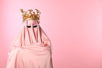Glamorous ghost. Woman in sheet with sunglasses and crown on pink background, space for text