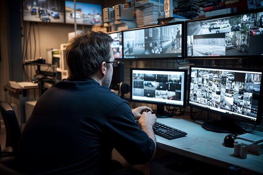 Technician Using Surveillance Security Camera Video Footage