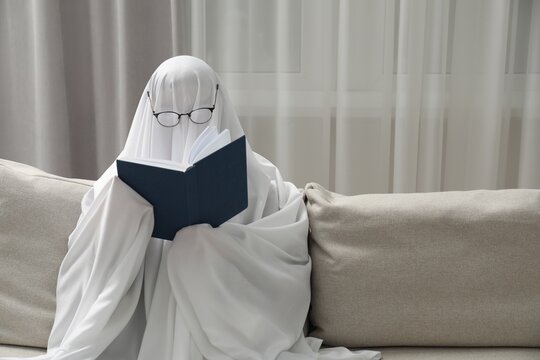 Creepy ghost. Person covered with white sheet reading book on sofa at home, space for text