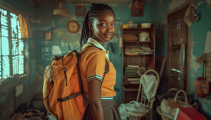 Confident African Schoolgirl with Backpack Smiling in a Sunlit Classroom Environment