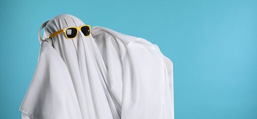 Stylish ghost. Person covered with white sheet in sunglasses and headphones on light blue...