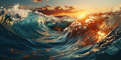 A powerful ocean wave crashing with a stunning sunset in the background - obrazy, fototapety, plakaty