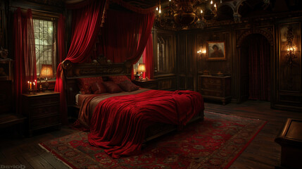 An opulent bedroom with red drapery and dark wood. The concept of a romantic gothic luxury.
