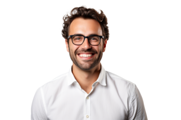 Studio portrait of handsome young Caucasian Americana man wear glasses and casual shirt with a beautiful smiling isolated on transparent png background.