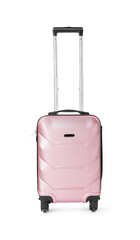 One stylish suitcase packed for travel isolated on white