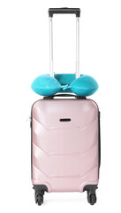 Fototapeta na wymiar Light blue travel pillow on suitcase against white background