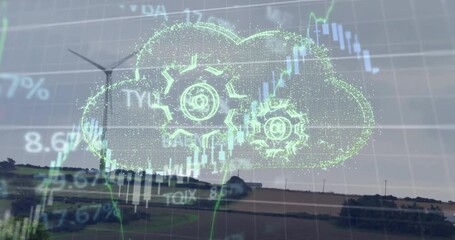 Animation of cloud with cogs and financial data processing over wind turbine - Powered by Adobe