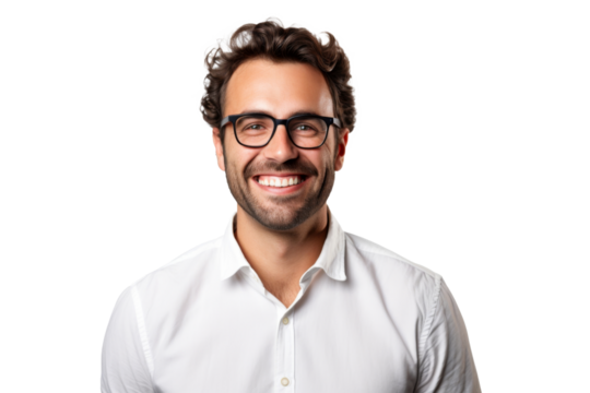 Studio portrait of handsome young Caucasian Americana man wear glasses and casual shirt with a beautiful smiling isolated on transparent png background.