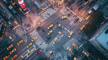 Overhead shot of a bustling city crosswalk with yellow taxis and pedestrians, capturing the vibrant...