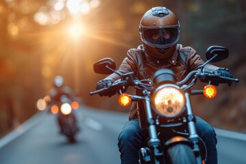 Obraz premium Portrait of a male biker, strength freedom, and individuality on the open road, adventurous spirit and the rebellious allure of the motorcycle, masculinity in motion.