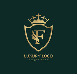 Luxury Crown F logo. Letter F wings logo.