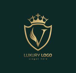 Luxury Crown V logo. Letter V wings logo.