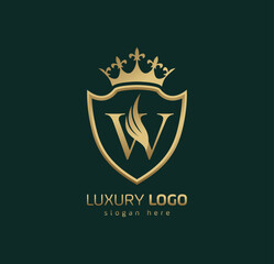Luxury Crown W logo. Letter W wings logo.