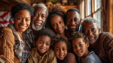 Multi-generational African American family smiling together. Black Love Day Tradition 