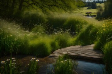 idyllic meadow scene with a gentle stream winding through it