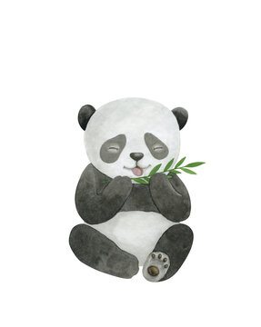 Panda with bamboo in cartoon style. Watercolor illustration of a smiling baby bear isolated on transparent background.