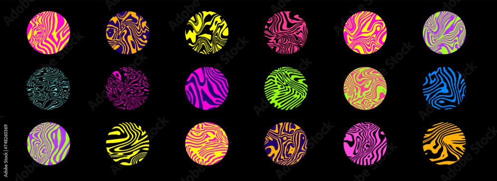 Aufkleber Set of colorful circles with wavy psychedelic pattern. Collection of abstract modern elements for poster, cover, logotype design.