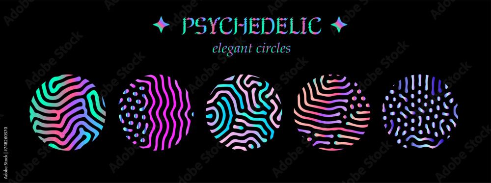 Poster Set of elegant holographic circles with psychedelic wavy pattern in neon bright colors.