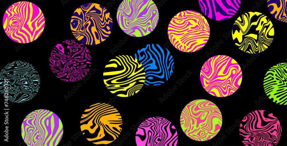 Poster Set of colorful circles with wavy psychedelic pattern. Collection of abstract modern elements for poster, cover, logotype design.