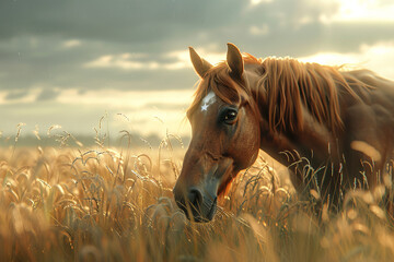 A gentle horse with a brown mane and a white star on its forehead grazing in a meadow. - obrazy, fototapety, plakaty