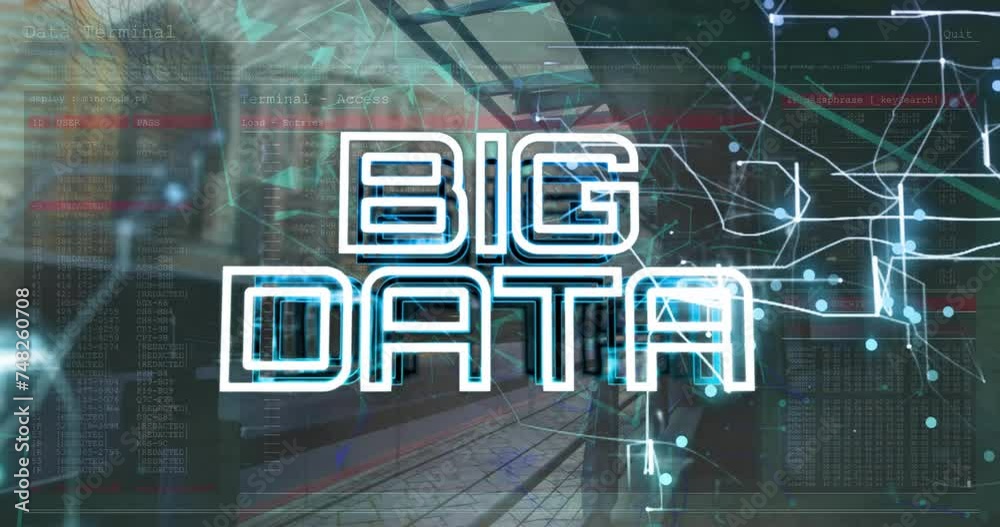 Poster animation of big data text over network and data processing over cityscape