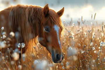 A gentle horse with a brown mane and a white star on its forehead grazing in a meadow.