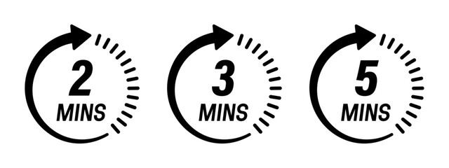 Minute timer icon collection with 2 mins, 3 mins and 5 mins vector logotype style in black and white color - Vector Icon
