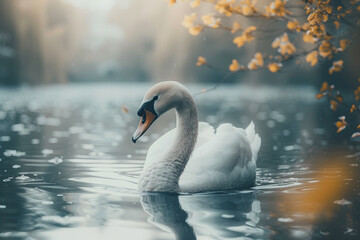 A graceful white swan with a long neck and a black beak swimming in a pond. - obrazy, fototapety, plakaty