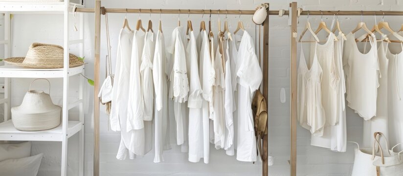 Collection of White Clothes on Wooden Racks in a Modern Boutique