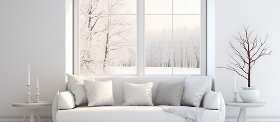 A white living room featuring a white couch positioned near a window with a view of a white landscape. The room exudes a minimalist Scandinavian interior design aesthetic.