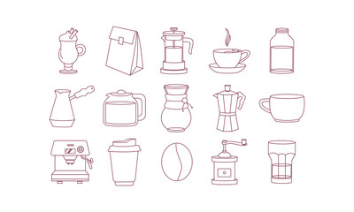 15 outline coffee icons. Cup of coffee, coffee machine, Turk, French press