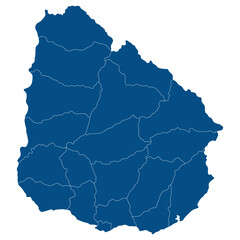 Uruguay map. Map of Uruguay in administrative provinces in blue color