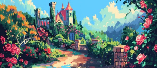 wonderland with roses and an old castle