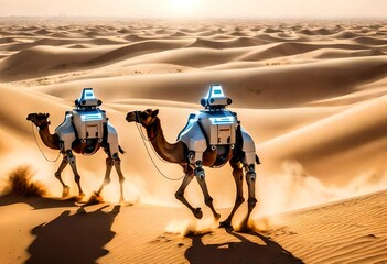 A futuristic robotic camel caravan traversing the dunes of Dubai's desert landscape under a blazing sun