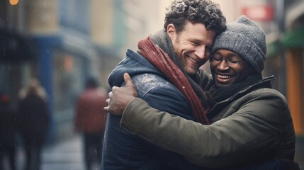 A couple of strangers, two men, hug and laugh together on the street, celebrating International Hug Day. - Powered by Adobe