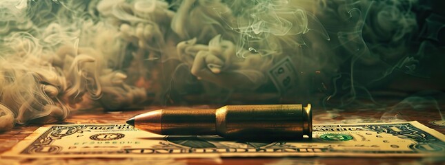 Illegal selling, criminal money concept, US dollars and bullet for a gun, 9mm pistol cartridges on a background. AI generated illustration - obrazy, fototapety, plakaty