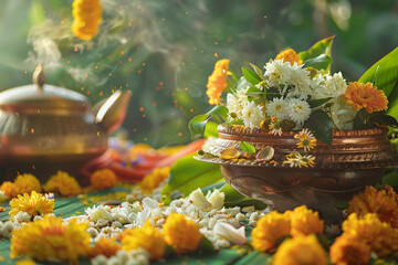 Happy Ugadi greeting card with mango leaf and rice, Indian New Year festival - obrazy, fototapety, plakaty