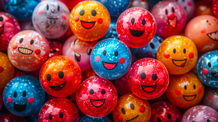 Fototapeta na wymiar Colorful, expressive emoticon balls with various facial expressions piled up, creating a vibrant, playful atmosphere of emotions and digital communication