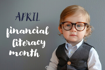 Cute boy in glasses and suit, Financial literacy month sign