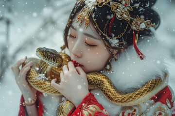 Chinese New Year of snake. Asian young woman in traditional clothes at snow background