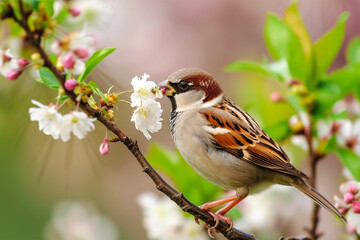 Cute sparrow in spring garden with blossom tree, World Sparrow Day