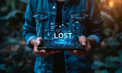 Man in denim shirt holding a tablet with a holographic projection of the word LOST, symbolizing search, confusion, technology, and the digital world