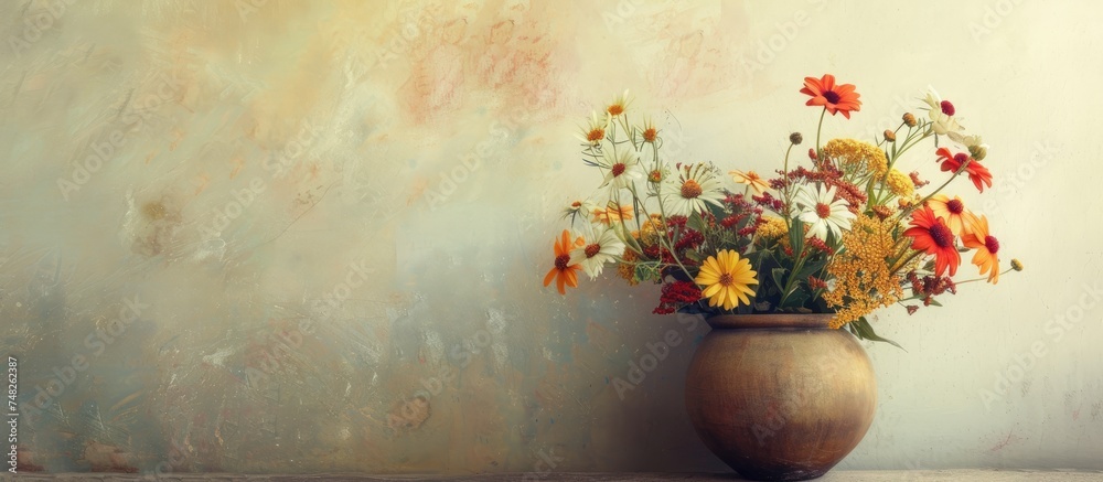 Wall mural A painting depicting a vase filled with colorful flowers arranged in a harmonious composition. The vivid petals and delicate stems are carefully rendered with fine brushstrokes on canvas.