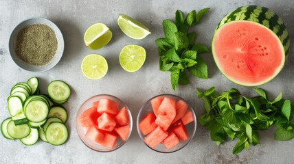 ingredients for making Michelagua, including fresh watermelon, cucumber, and lime, ready for blending into a delicious drink