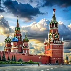 Tuinposter The beauty of Moscow's Red Square, the Kremlin towers, and the Clock Kuranti © Viktoryia