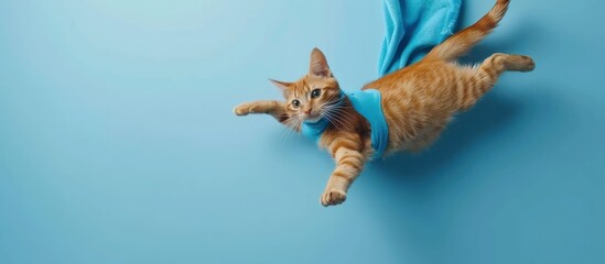 cat with a blue cloak and mask jumping and flying
