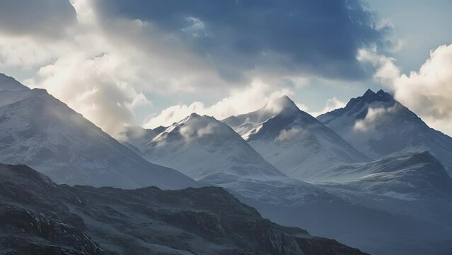 The subtle movement of clouds drifting over the shadowed peaks.